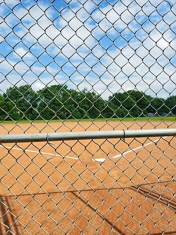 Looking through the metal at the baseball field just behind home plate.